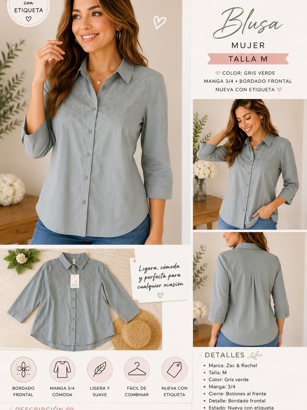Zac & Rachel Gris Verde 3/4 Sleeve Button-Down Shirt